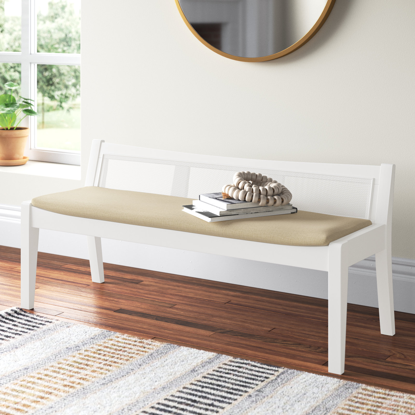 Donner 52" Entryway Bench, White/Beige