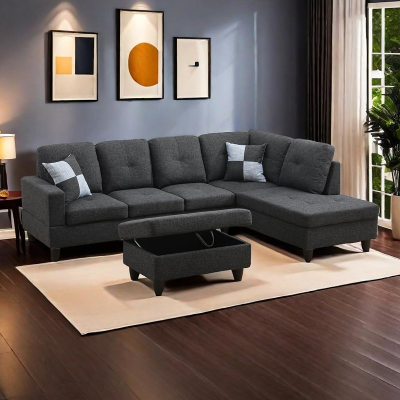 3-Piece Linen Sectional Sofa, Right Hand Facing