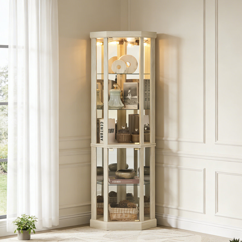 Corner Lighted Curio Cabinet with Adjustable Shelves, White
