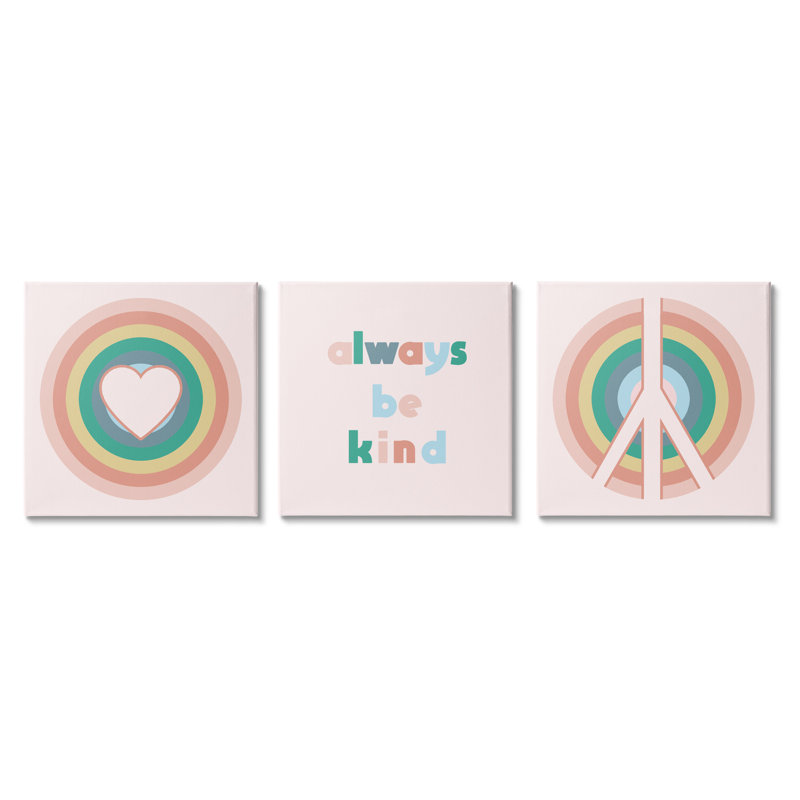 «Cute Always Be Kind Quote Rainbow Peace Sign» par Daphne Polselli - ensemble de 3 impressions, Toile tendue
