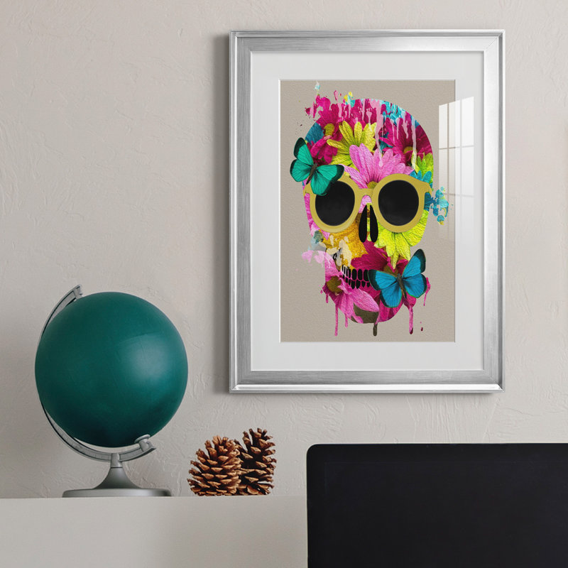 Crâne floral - peinture encadrée, Argent, H 22,5 po x l 30,5 po x P 1,5 po