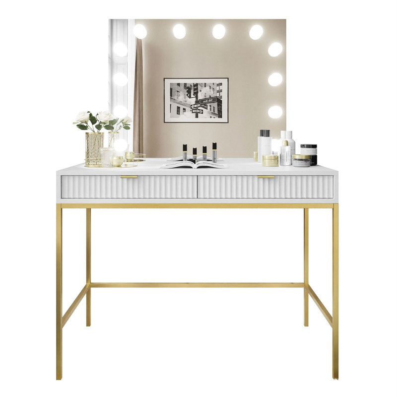 Anges Dressing Table with Mirror, White Matt/Gold