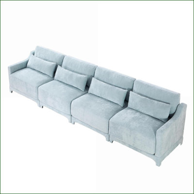 Sofas 4-Seater Modern Sofa with Lumbar Pillow, Solid Wood Frame | Living Rooms Hotels Lounges | Sky Blue | Chenille
