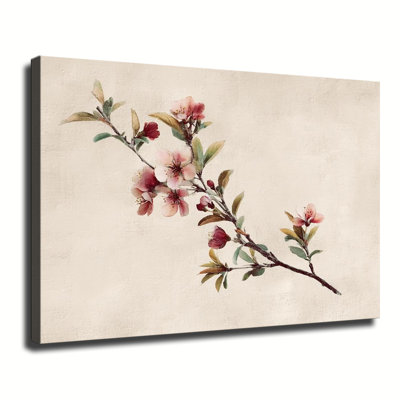 Branche de fleur de printemps rétro aquarelle rose, grande reproduction d'art sur toile tendue pour salon chambre à coucher
