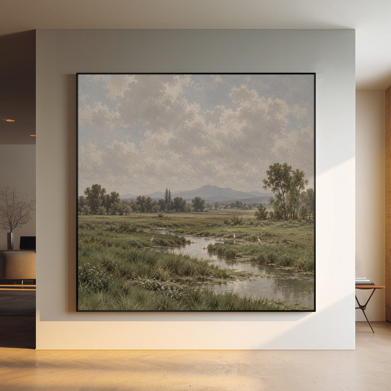 Extra Large Wall Art Fabric Print - Peaceful Wetland Meadow with Distant Mountains and Birds for Living Room or Bedroom - "Frame Assembly Required (Unfinished Frame)"