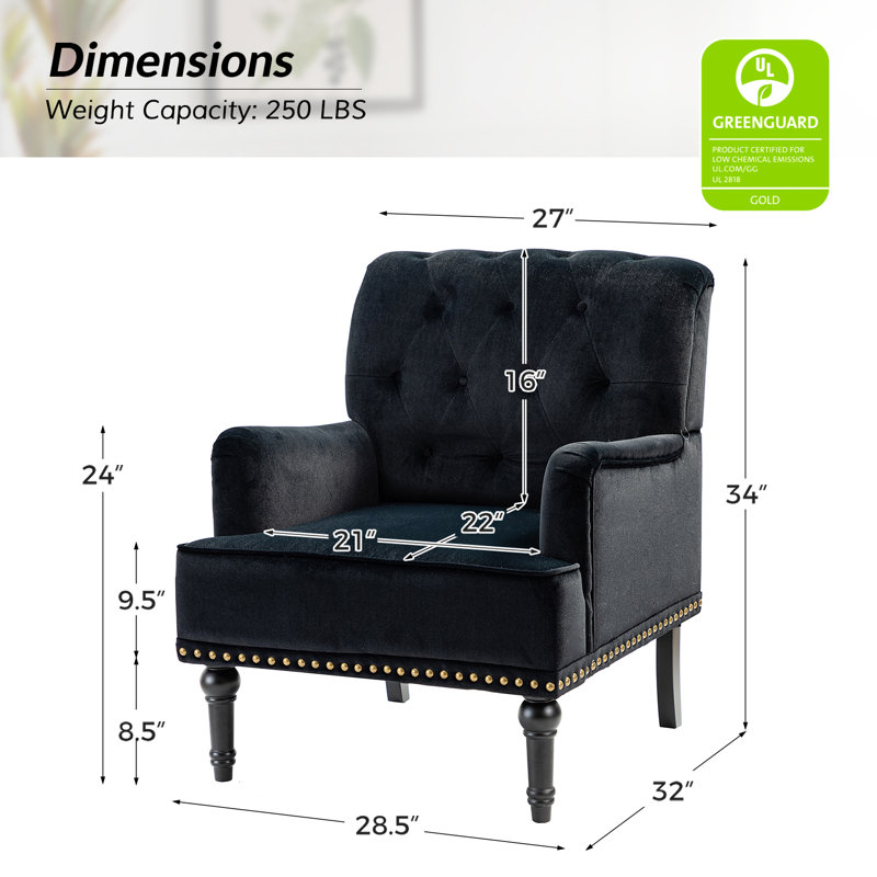 Jakub 28.5" W Velvet Tufted Polyester Armchair with Nailhead Trim, Black