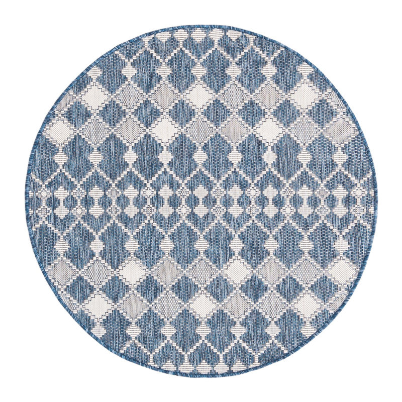 Blue Traliccio Indoor/Outdoor Trellis Rug, Round 4'