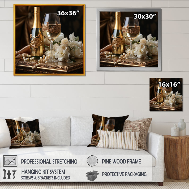 Classic Elegance - Champagne, reproduction d'art sur toile encadrée vin, Cadre flottant doré, H 36 po x l 36 po x P 1,5 po