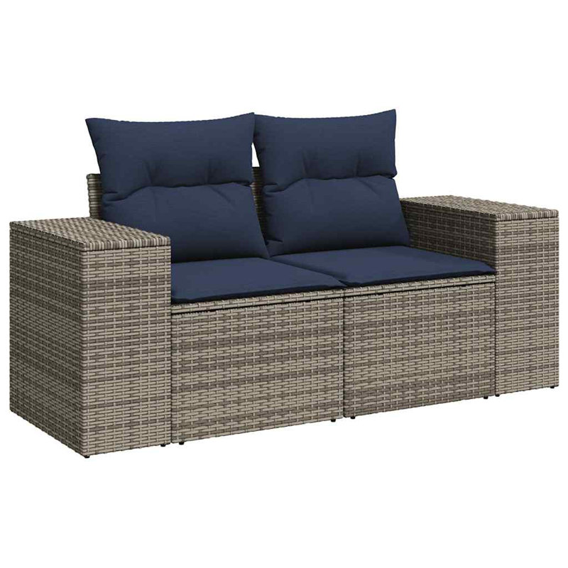 Ensemble de canapé de patio 7 pièces avec coussins en rotin de polyester brun, Coussin bleu marine / structure grise