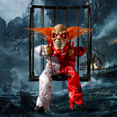 Des décorations d'Halloween qui crient, un accessoire de clown animé d'Halloween avec capteur de mouvement, un effrayant crâne de prisonnier, une maison hantée, un fantôme effrayant et accrocheur illumine les yeux pour les décorations intérieures e