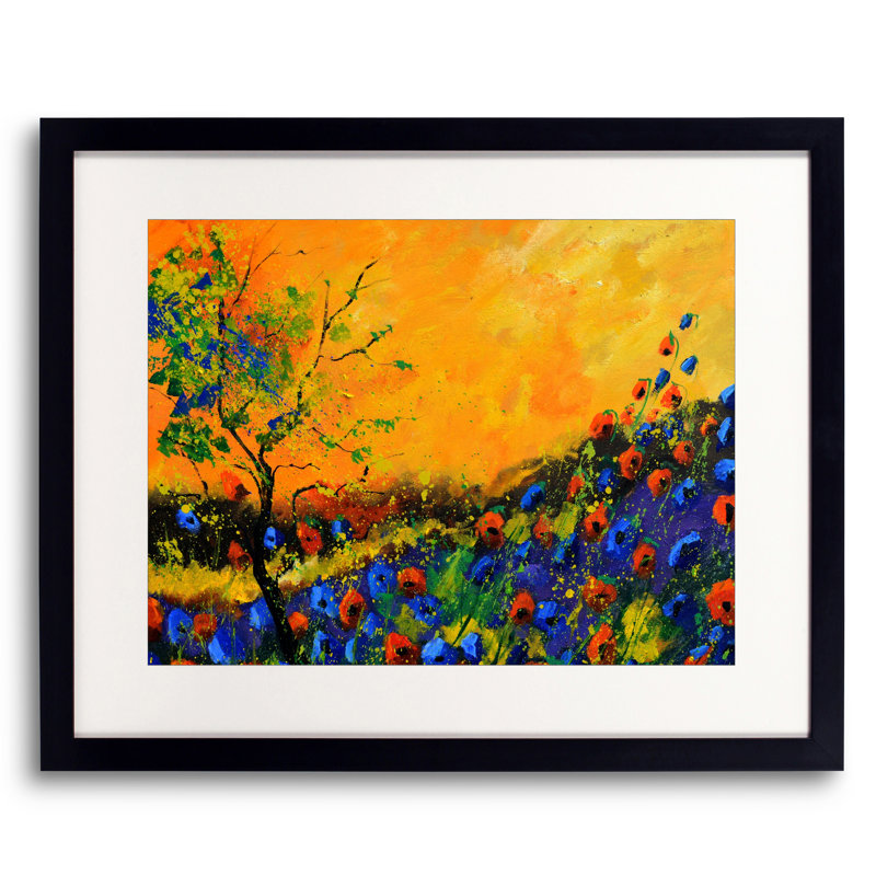 Coquelicots par Pol Ledent - Peinture, Papier avec cadre noir, H 24 po x l 30 po