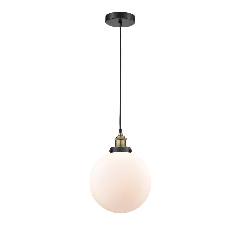 Luminaire suspendu sphère 1 lumière Frederick, Blanc mat, Laiton antique noir