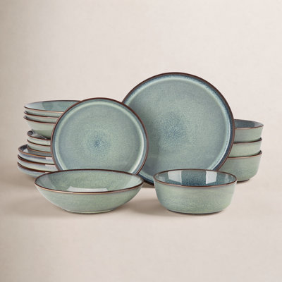 vancasso 16 Piece Green Ceramic Dinnerware Set for 4,Kiln-Fired Plates,Dessert Plates,Pasta Bowls&Bowls