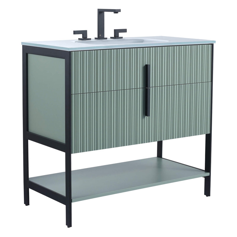 Millisa Free Standing Single Bathroom Vanity with Glass Top, Satin Brass, Mint Green, 30"