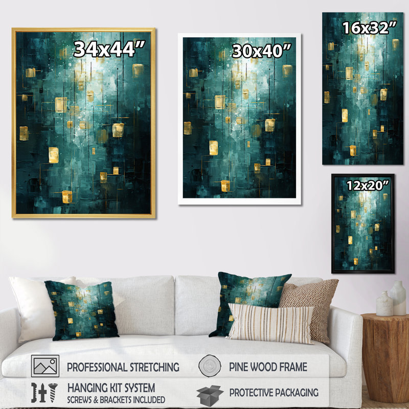 «Sudden Serenity Abstract Turquoise and Gold», reproduction sur toile, H 32 po x l 16 po x P 1 po, Cadre flottant doré