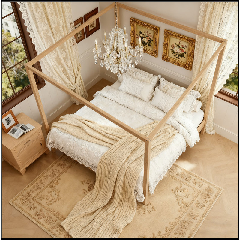 Canopy Bed Frame Four Poster Platform Bed With Slats Support, No Box Spring Needed, Queen