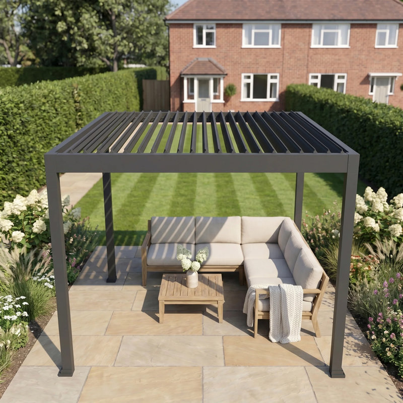 GRDN living 4m x 3m Aluminium Louvred Pergola with Adjustable Wide Blade Roof in Anthracite Grey, 3m x 3m