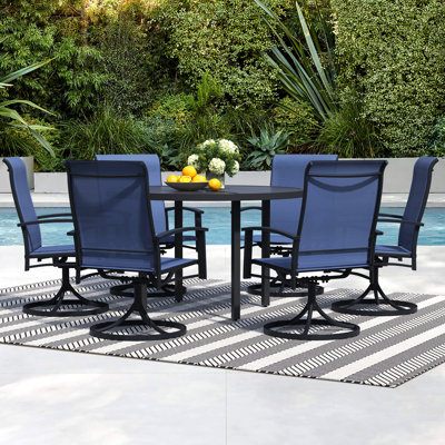 7-Piece Outdoor Dining Set For 6 – 47" Black Round Outdoor Table With Umbrella Hole & 6 Blue Patio Swivel Chairs, All-Weather Patio Furniture by Ebern Designs