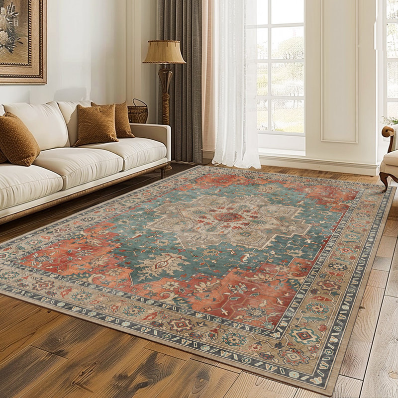 Transitional Rust/Teal Machine Washable Non-Slip Area Rug, Rectangle 9' x 12', Rust/Teal