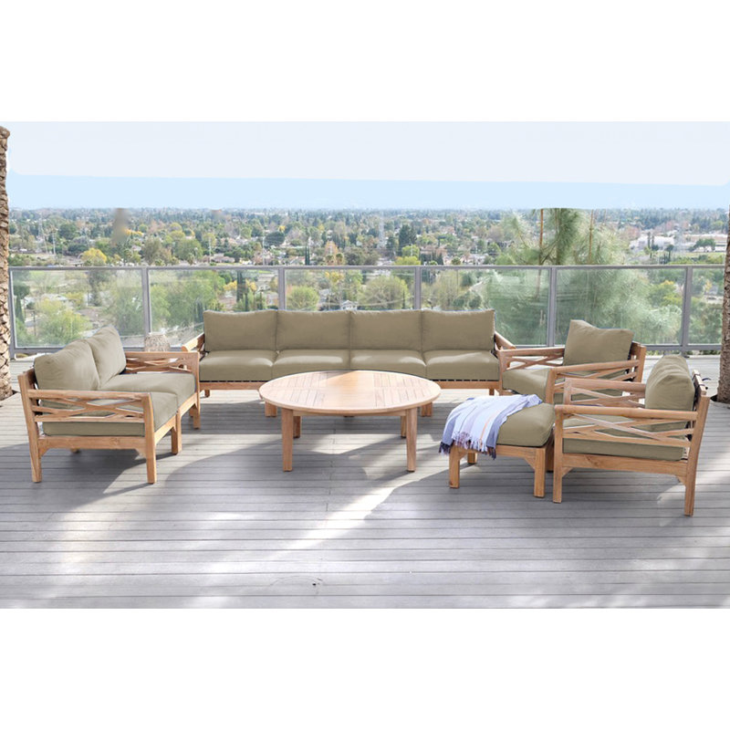 Monterey Outdoor 7 - Piece Teak Conversation Set, 6 Pcs: Sofa,2Chair,Cushion,Table,Ottoman, Antique Beige