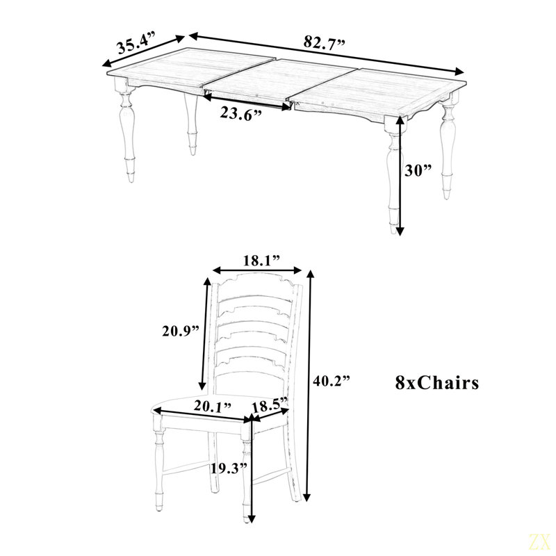 Ensemble de table de salle à manger extensible 9 pièces 82,7 pouces traditionnel avec rallonge amovible de 23,6 pouces et 8 chaises de salle à manger rembourrées pour 8