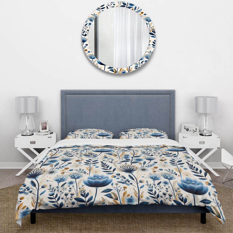 Ensemble de housse de couette Nordic Blue Bloom, Housse de couette pour très grand lit et 2 très