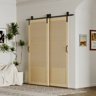 Sliding Barn Door Set - 2 Slatted Pine Wood Doors With Black Bypass Hardware Kit (Unassembled Panels)