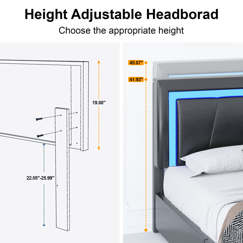 Upholstered Bed Frame with 4 Large Drawers,RGB LED Lights, Adjustable Headboard, Easy to Assemble, Full , Black