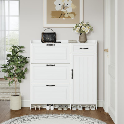 Range-chaussures blanc avec 4 portes et 1 tiroir, grand espace de rangement