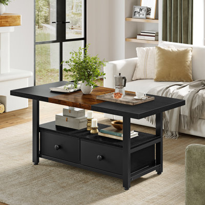 Wynny Farmhouse Wood Coffee Table, Small Cocktail Table with 2 Drawers