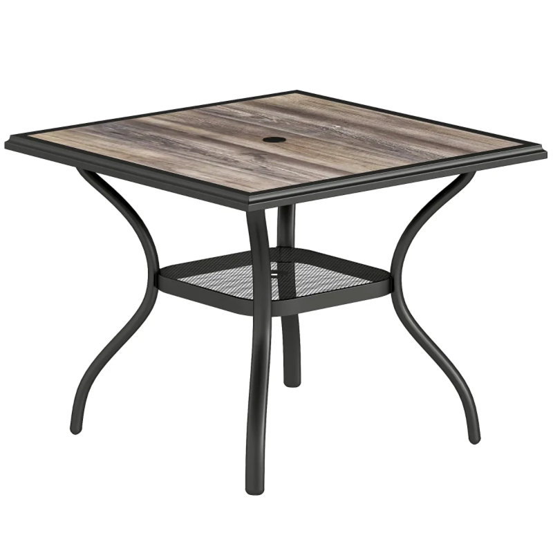 Table de patio moderne avec rangement, acier et plastique, salle à manger extérieure polyvalente
