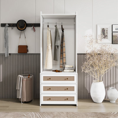 Wardrobe With 3 Drawers High Wardrobe Armoire With Rattan For Living Room,Bedroom Organizer by George Oliver