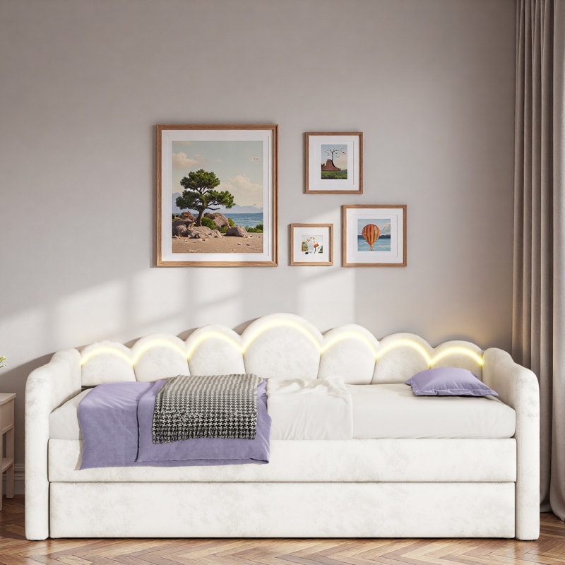 Upholstery Daybed With Led Light, Trundle And Cloud Backrest, White