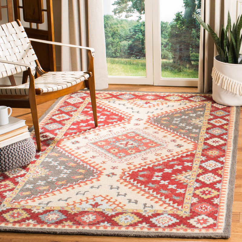 Tapis touffeté à la main en coton / laine rouge / ivoire Chadbourn, Rectangle de 5 pi x 8 pi