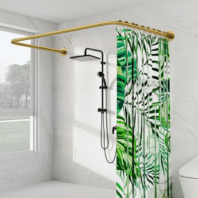 Barre de douche en forme de U, [Côtés : 58-132 cm, Milieu : 79-118 cm] Barre de douche d'angle réglable pour salle de bain/baignoire avec support de plafond et 12 crochets, couleur or
