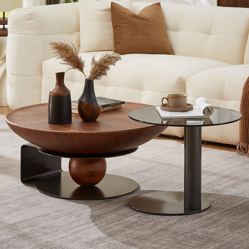 Assanti Mid-Century Modern Coffee Table Sets Round Walnut Wood Finish Nesting Coffee Table 2 Piece