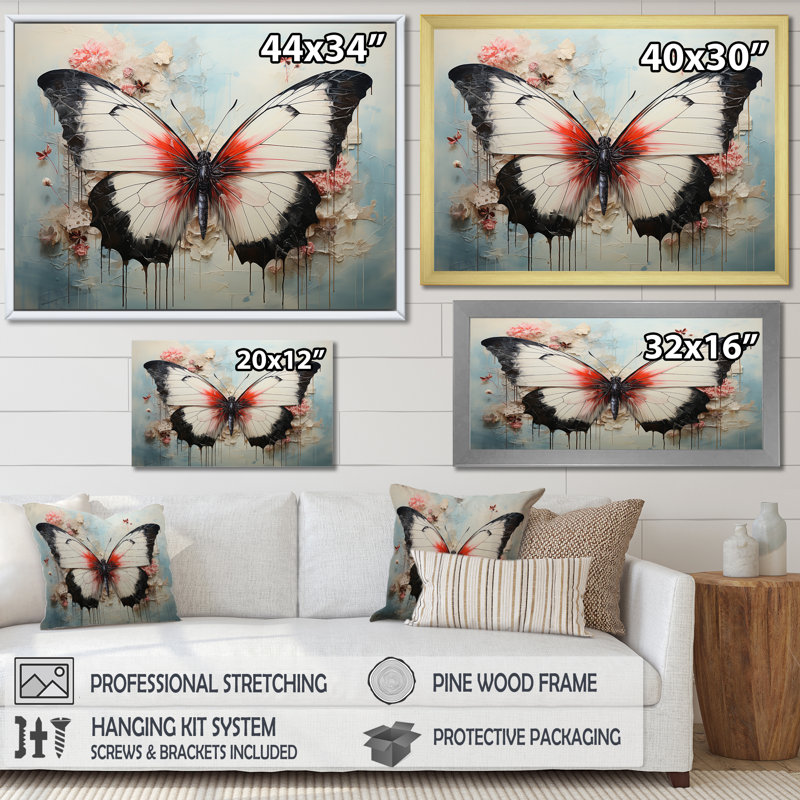 Minimalisme, papillon blanc sur toile, H 34 po x l 44 po x P 1,5 po, Cadre simple noir