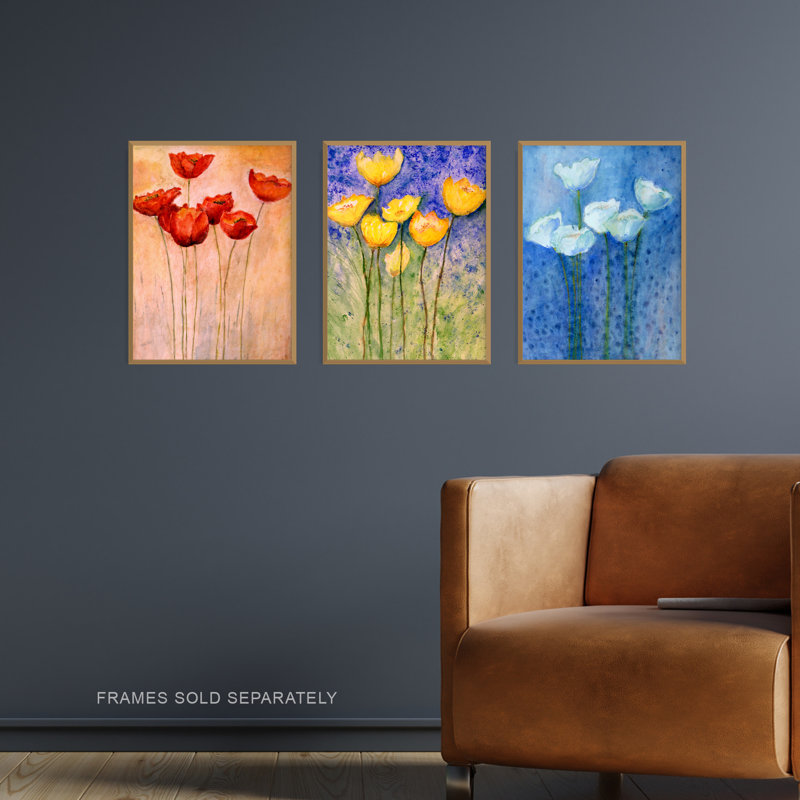 Flowers Tulips Poppies Oil Paintings 3-Piece Set Unframed Wall Art Prints Bedroom Bathroom Aesthetic Wildflowers