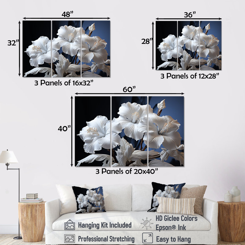 Hibiscus blanc illuminé au clair de lune - ensemble d'art mural sur toile Hibiscus, H 28 po x l 36 po x P 1 po