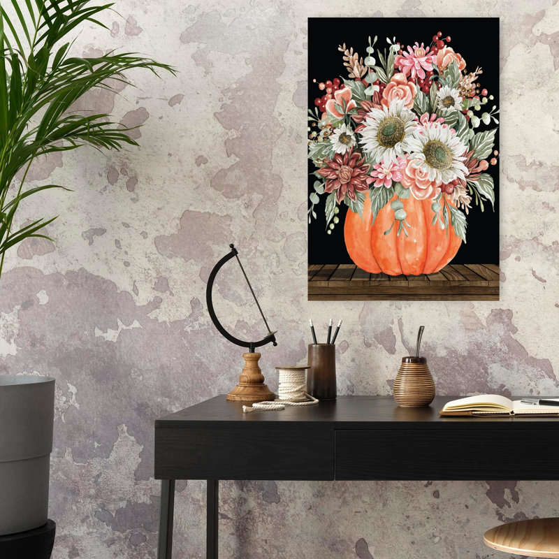 Art floral d'automne avec citrouille et tournesol contemporain, H 24 po x l 16 po