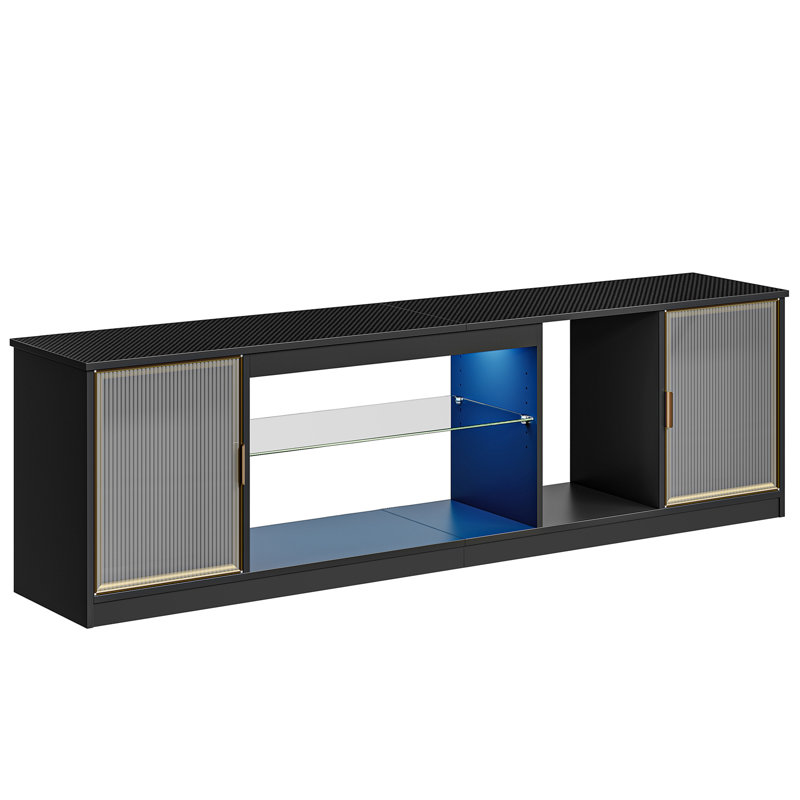 70" Modern Tv Stand For Tvs Up To 80 Inch With Led, Adjustable Shelf & Translucent Doors, Black