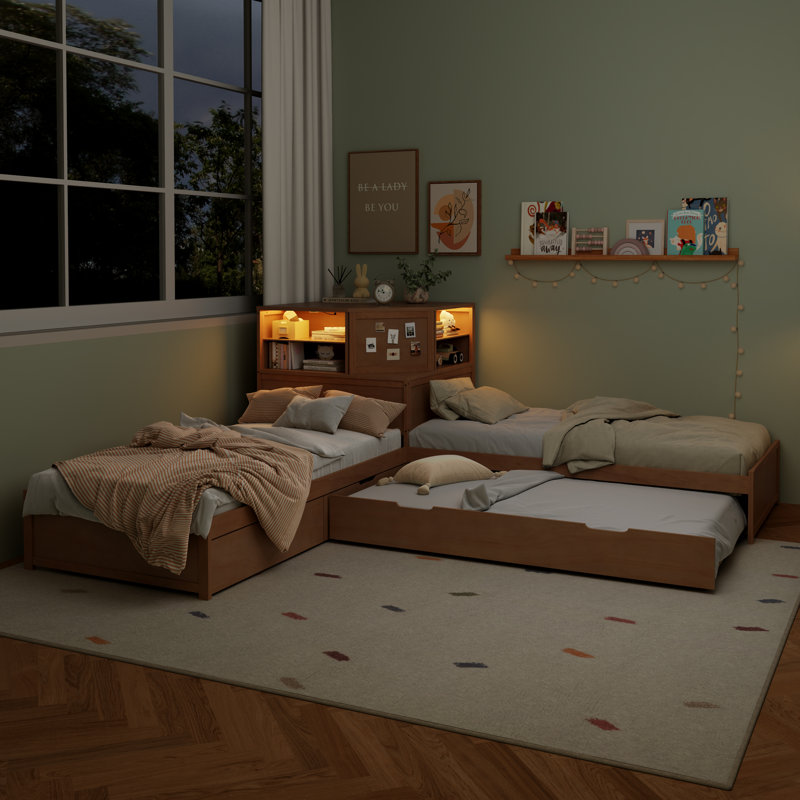 Lit pour enfant en L 3 en 1 avec rangement DEL et éclairage Lunthar, Naturel