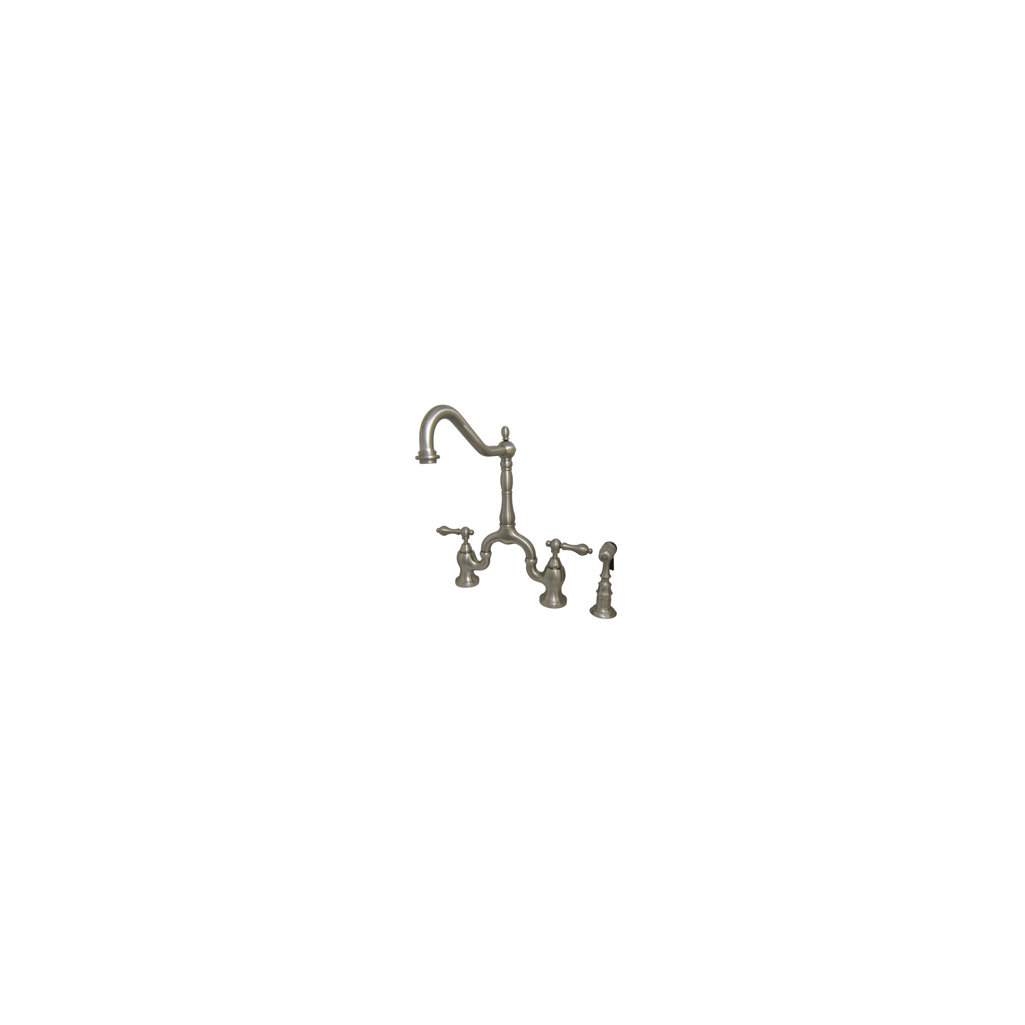 Kingston Brass English Country Two-Handle 3-Hole Deck Mount Bridge Kitchen Faucet with Brass Side Sprayer, Brushed Nickel