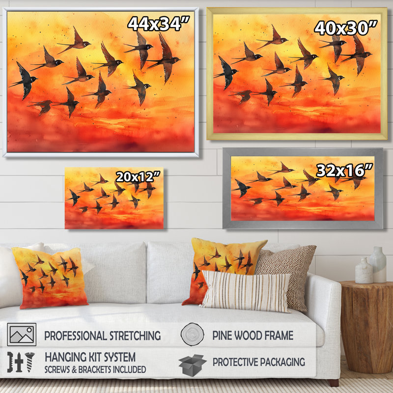 Swallows Birds At Sunset II - art mural oiseau, Argent argent, H 12 po x l 20 po, Cadre flottant