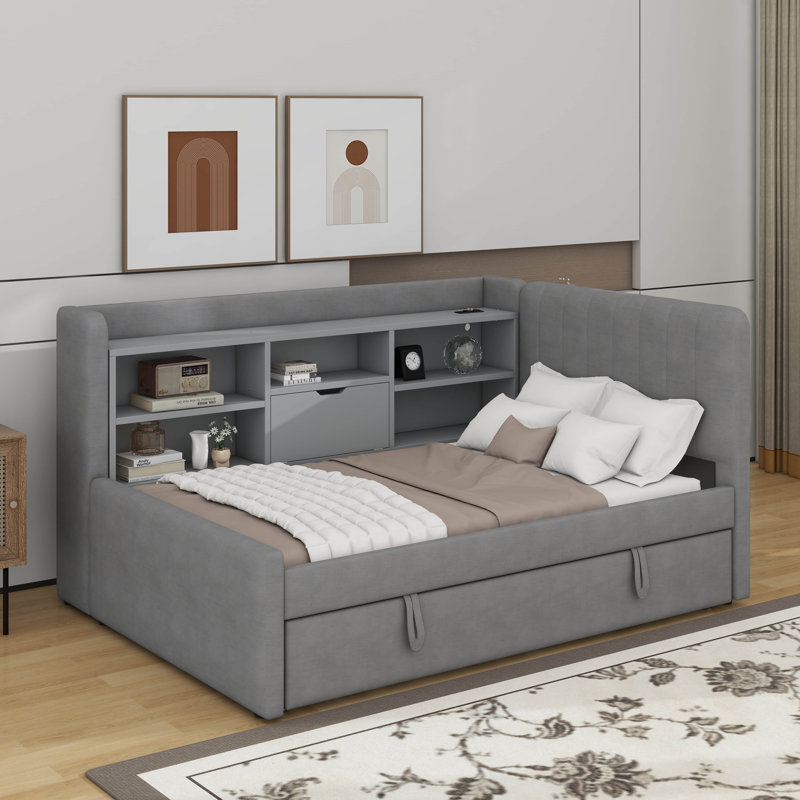 Twin Size Upholstered Daybed With Trundle, Storage Shelves, USB & Outlet, Gray