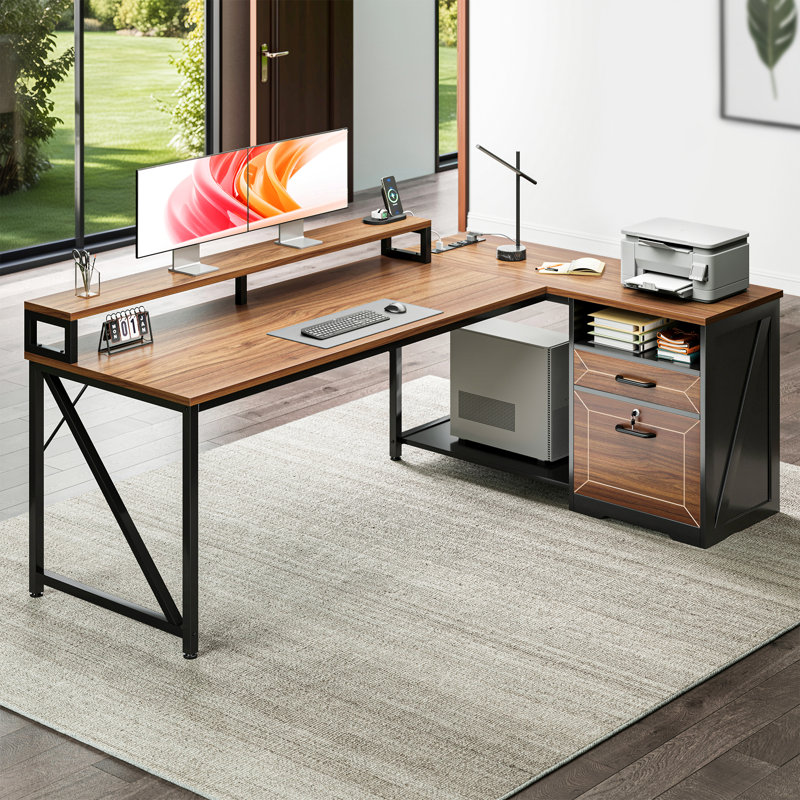 Gaming Desk With Led Lights And Built-in Power Outlets,l-shaped Computer Desk With Monitor Stand And Cpu Stand,home Office Desk With 2 Storage Drawers