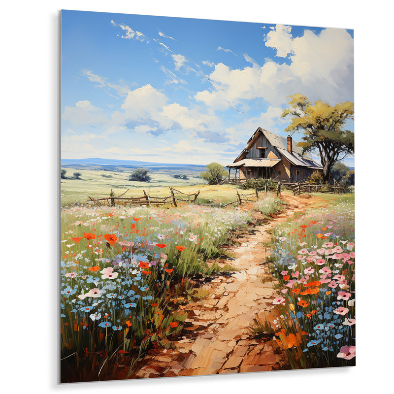 «Farmhouse Impressionist Fields I - Landscape & Nature», reproduction d'art en métal, H 32 po x l 16 po x P 1 po