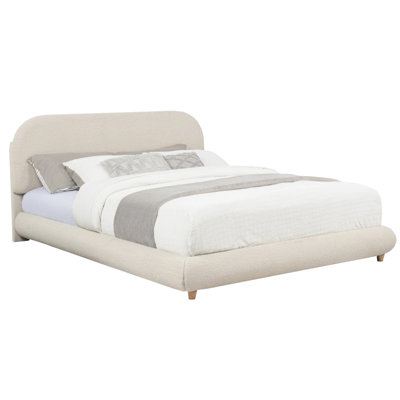 Lit crème contemporain avec revêtement en molleton doux et structure en bois, grand lit, comprend des traverses latérales, convient au décor de chambre à coucher grand lit, revêtement, tête de lit