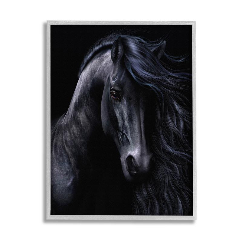 Az-063 - Portrait d'étalon noir encadré, Estampe numérique Farmhouse, H 20 po x l 16 po x P 1,5 po