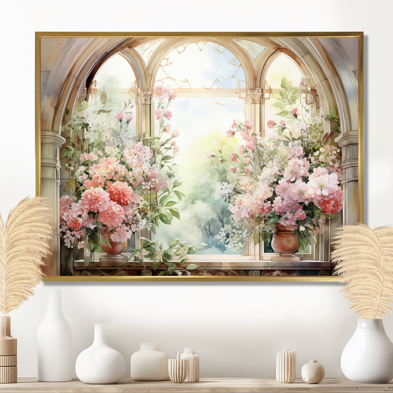 «Pink Blossoming Country Window Gaze V», reproduction d'art sur toile, Cadre flottant doré, H 24 po x l 32 po x P 1 po